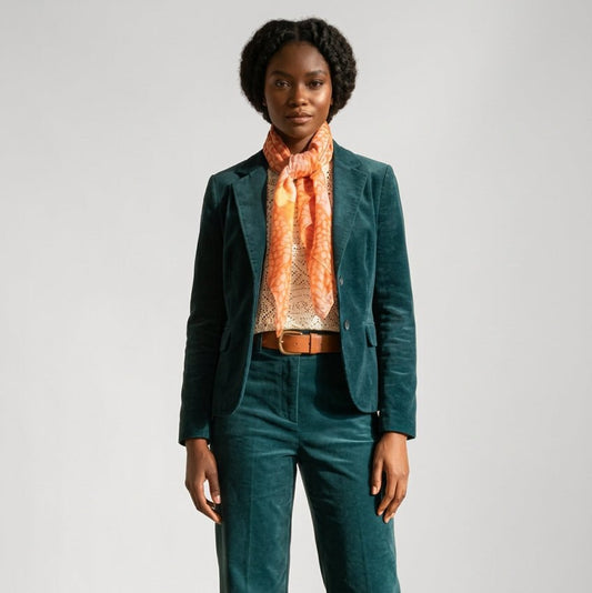 A woman wearing a bottle green corduroy suit, a cream lace top and an orange scarf tied around her neck.