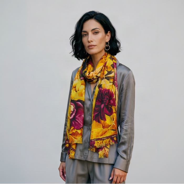 Ronsard Rose cashmere and silk scarf worn wrapped around a woman's neck with a grey silk outfit.