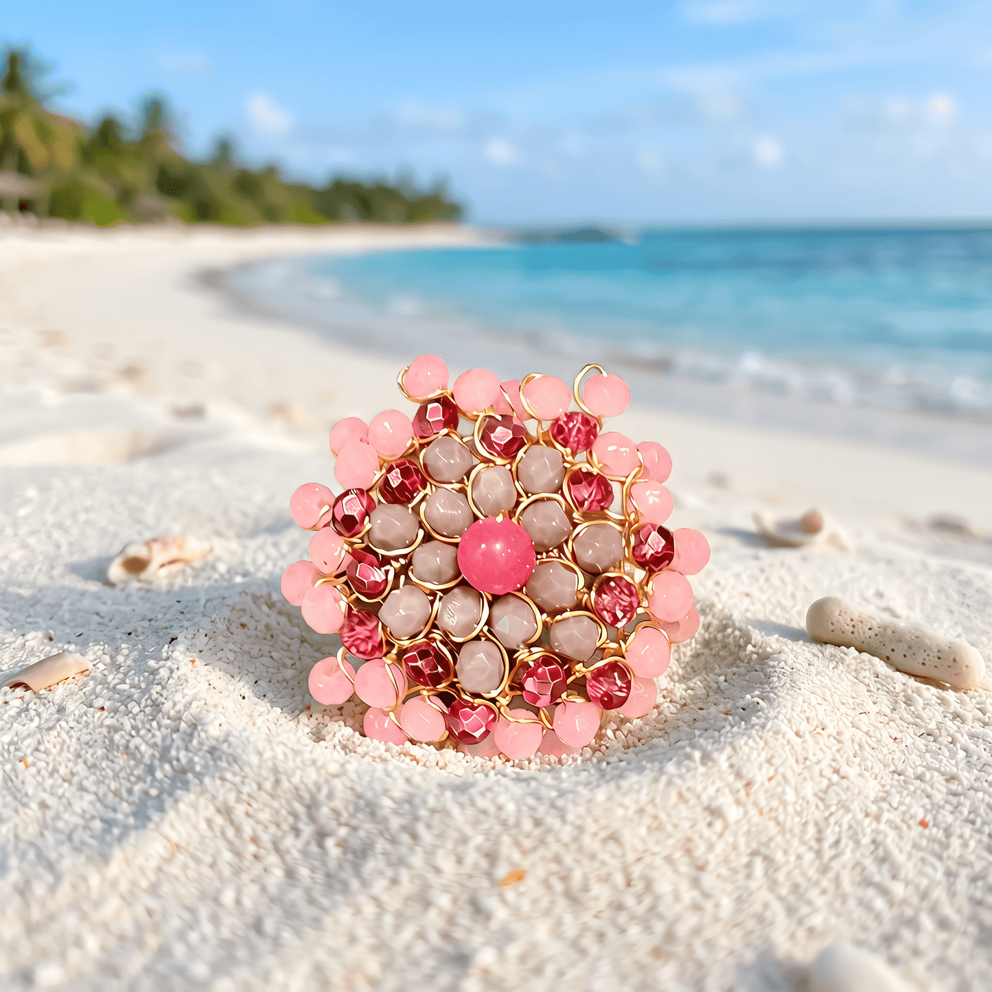 A pink and gold beaded brooch with faceted crystal accents, displayed on a white sand beach with a tropical ocean and palm trees in the background.