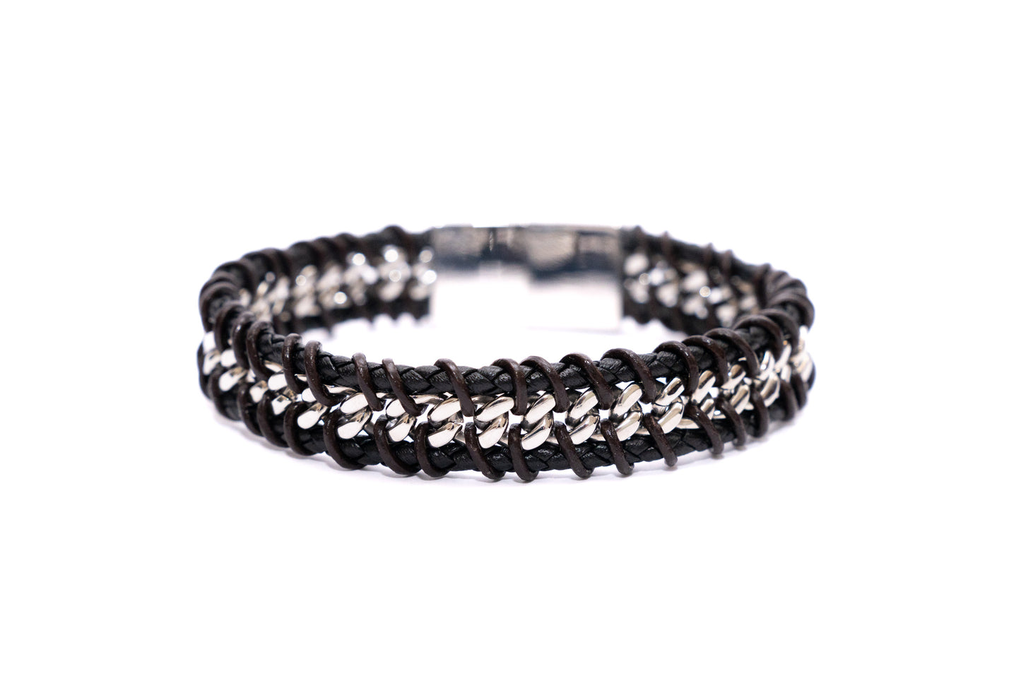 Men's braided black leather bracelet with stainless steel chain detail and magnetic clasp.
