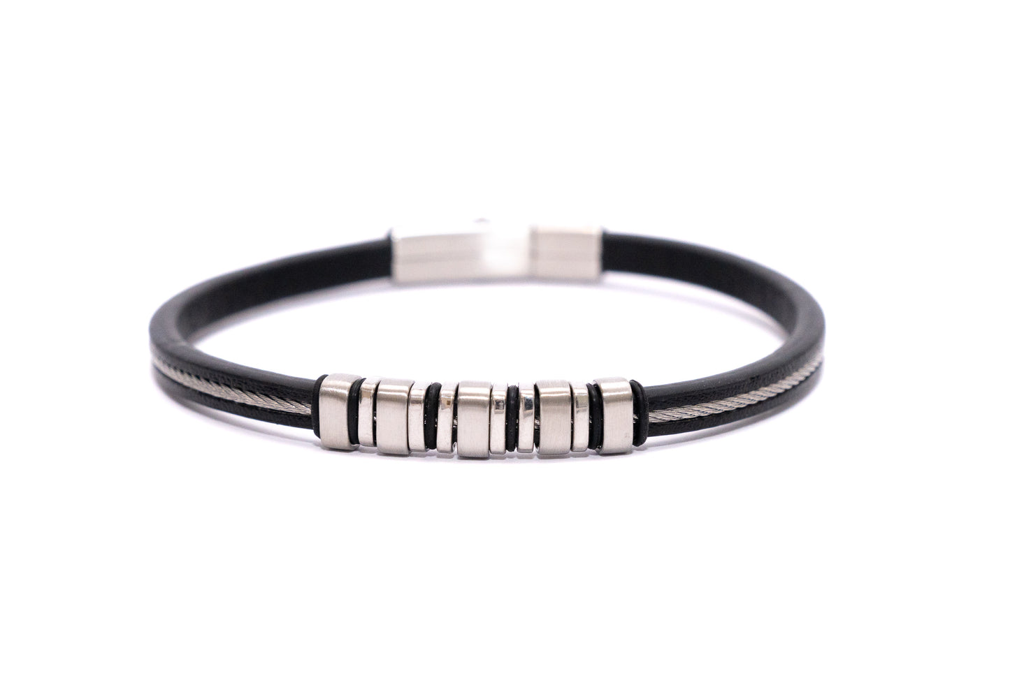 Men's Steel & Black Leather Bracelet with Central Plates