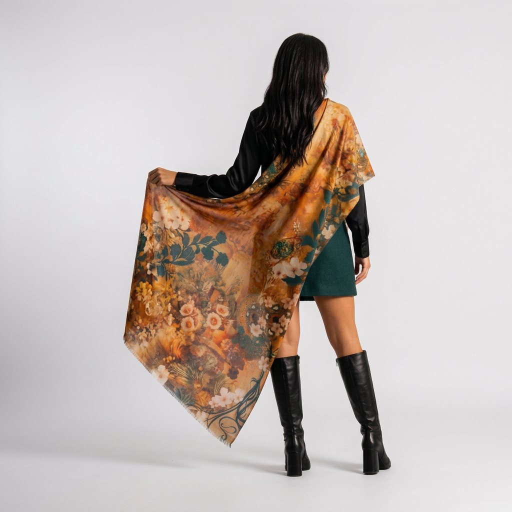 A woman stands with her back to the camera wearing a large, flowing floral scarf in warm orange, brown, teal, and cream tones over a gray knit top and black knee-high boots, against a plain beige studio background.