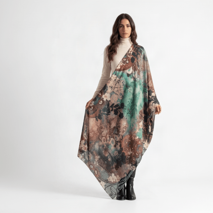 Woman wearing the Camélia Turquoise cashmere scarf draped over one shoulder, its floral print in turquoise, antique rose and taupe falling to her feet.