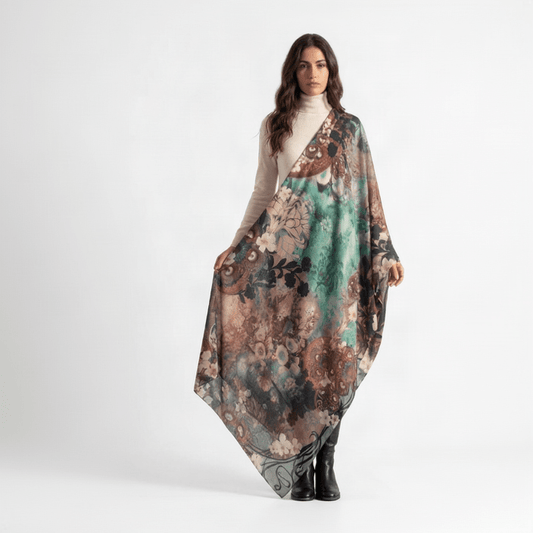 Woman wearing the Camélia Turquoise cashmere scarf draped over one shoulder, its floral print in turquoise, antique rose and taupe falling to her feet.