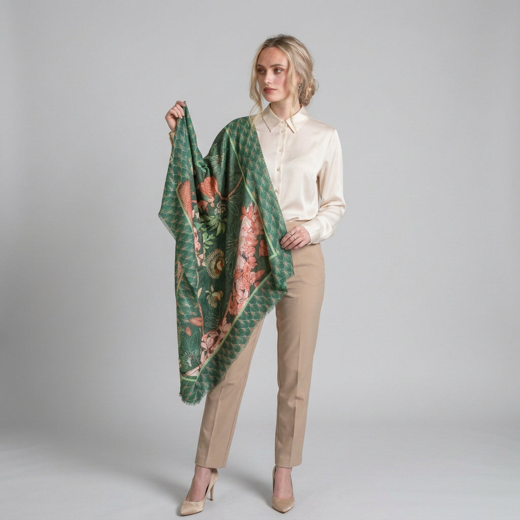 A woman wearing a cream silk blouse, beige tailored trousers and an emerald green square scarf.