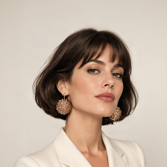A woman with a bob hai.rcut wearing a pair of Mandala earrings made of light pink and grey/green crystals on a white background