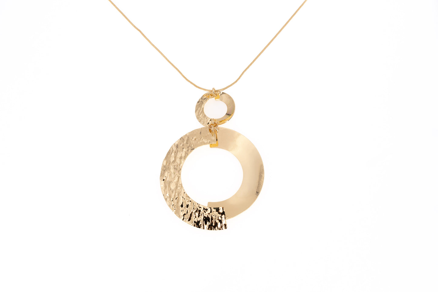 Long Semicircle Necklace in gold with two overlapping open circle pendants combining matte and polished gold finishes, suspended on a fine gold chain, product shot on white background