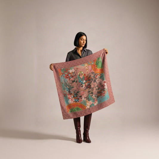 Woman with long red hair in a white crochet top and black knee-high boots holding the Camélia Anthracite cashmere square open in front of her, showing the pink floral border and the dark centre filled with pink, red and turquoise flowers.