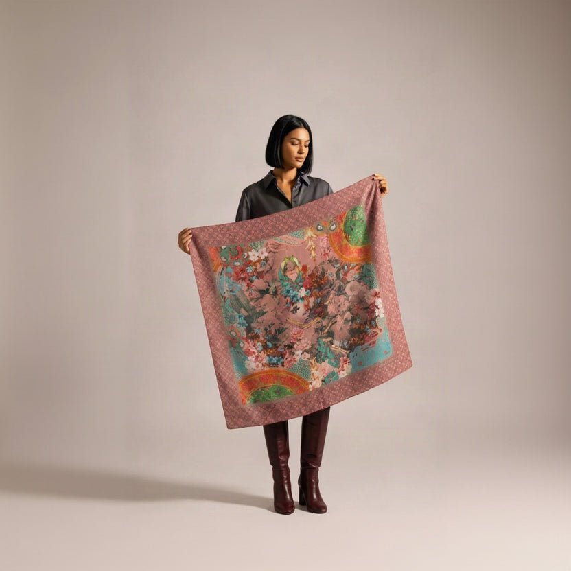 Woman with long red hair in a white crochet top and black knee-high boots holding the Camélia Anthracite cashmere square open in front of her, showing the pink floral border and the dark centre filled with pink, red and turquoise flowers.