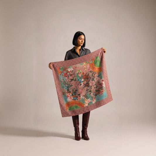 Woman with long red hair in a white crochet top and black knee-high boots holding the Camélia Anthracite cashmere square open in front of her, showing the pink floral border and the dark centre filled with pink, red and turquoise flowers.