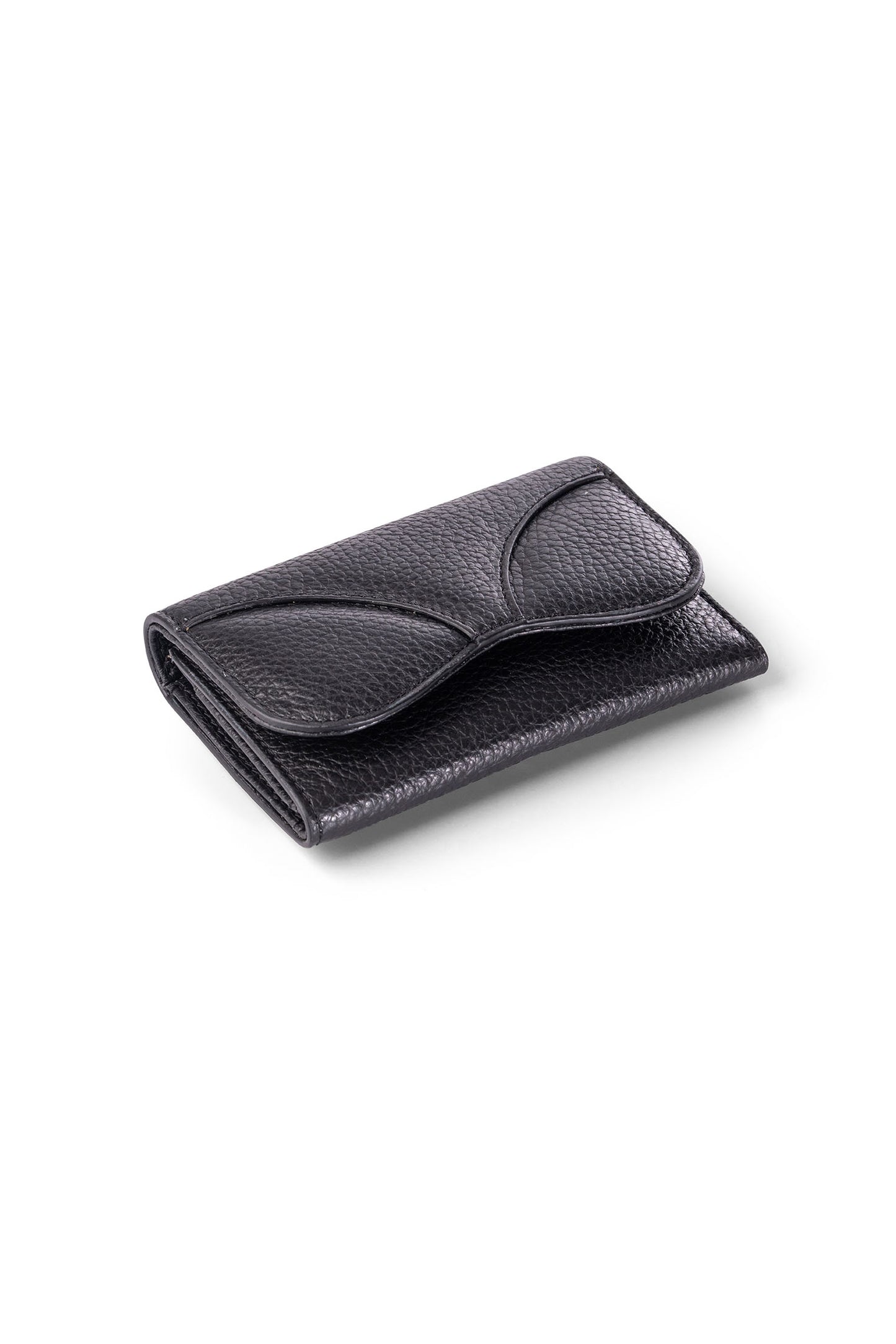 Gitana Ala Ladies Wallet in Black — Adria pebble calf leather, wing-shaped stud closure, angled view
