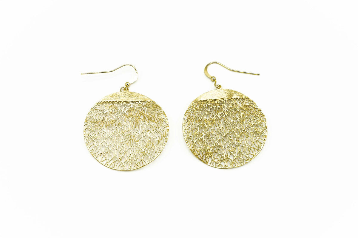 A pair of gold plated filigree earrings with hook on a white background.