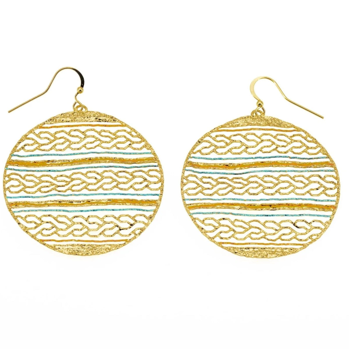 Gold and blue patterned earrings on a white background