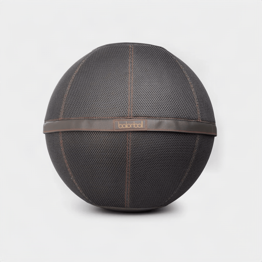 Balanball 65cm in Granite — dark brown textured fabric cover with leather band, front view