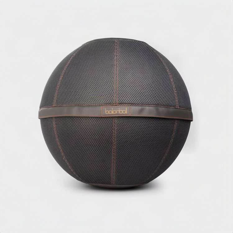 Balanball 65cm in Granite — dark brown textured fabric cover with leather band, front view