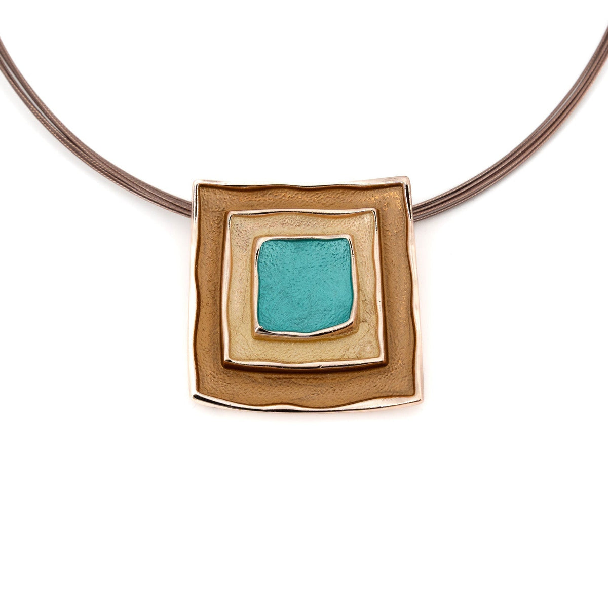 Three Square Necklace by KLK: nested square pendant with a bronze outer frame, mustard-gold middle and hand-painted turquoise centre on a slim brown steel cable.

