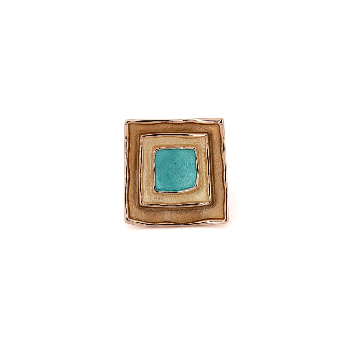 Three Square Ring with rose gold ring with nested squares, a bronze outer frame, mustard-gold middle and hand-painted turquoise centre