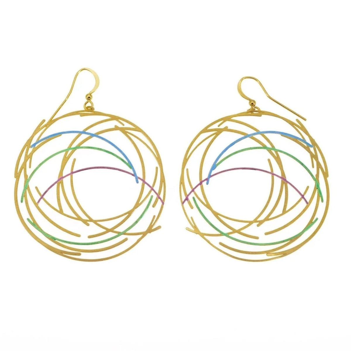 Gold hoop earrings with colorful inner rings on a white background