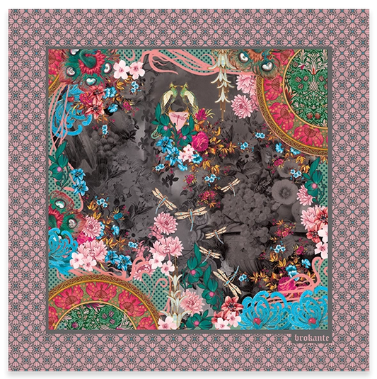 Camélia Anthracite cashmere and modal square scarf laid out flat, with pink camellias, red roses, turquoise flowers, golden dragonflies and two small birds on a smoky charcoal-grey floral centre, coral and gold half medallions in two corners, and a pink border with a grey floral lattice pattern.