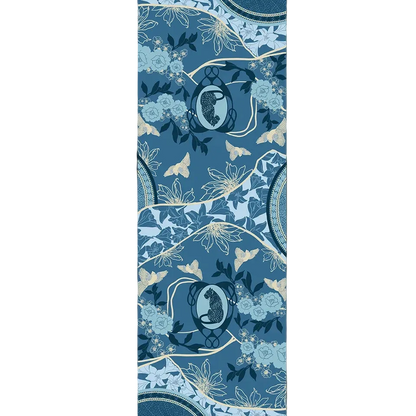 Leopard Azure cashmere scarf print shown flat, with two spotted leopards in pale blue Art Nouveau oval frames, powder-blue roses, lilies, cream star-shaped flowers and golden-cream birds on rolling denim-blue hills outlined in cream, with mosaic medallions at the edges.