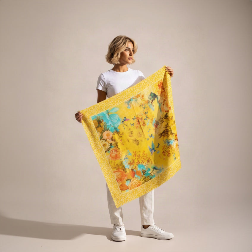 A blonde lady wearing a white t-shirt, white jeans, white trainers, holding up a cashmere and modal square scarf with coral roses, turquoise lilies, a hummingbird, birds and small blue butterflies on a saffron-yellow centre, framed by a wide golden leopard-print border.