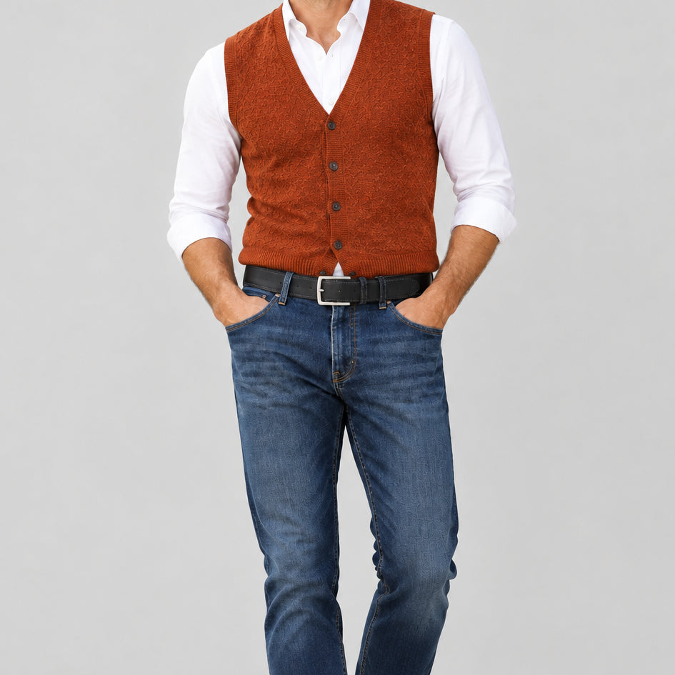 A man wearing blue jeans, a white shirt, a burnt orange waistcoat and navy suede belt against a light grey background.