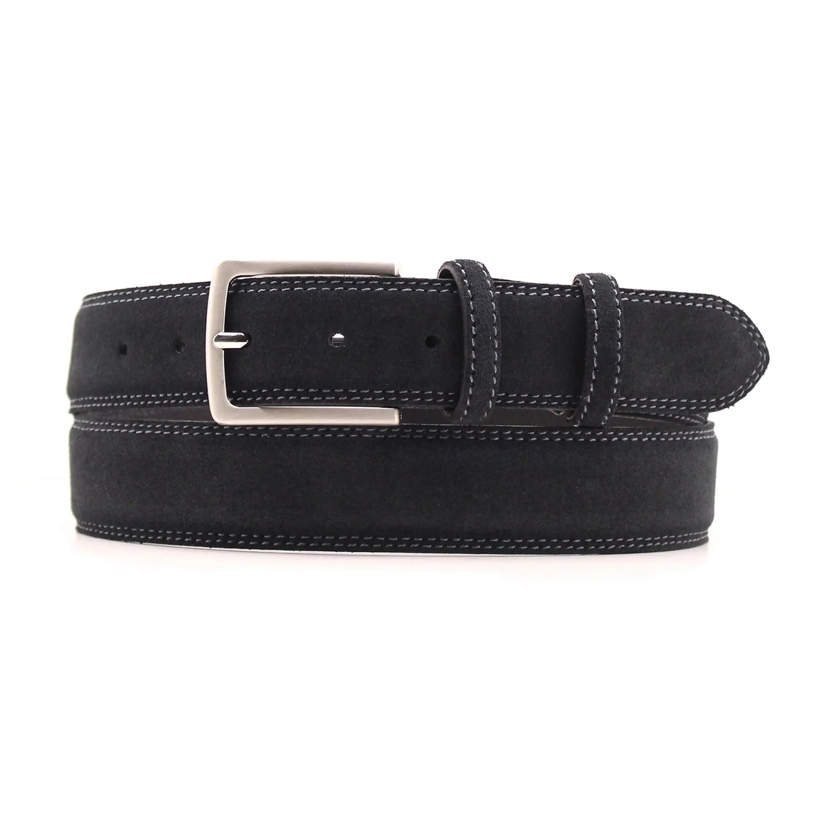 A navy suede man's belt with double white stitching and a silver buckle.