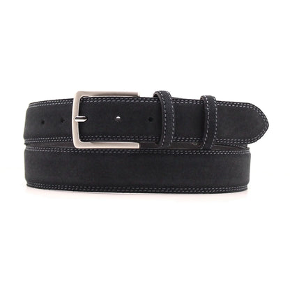 A navy suede man's belt with double white stitching and a silver buckle.