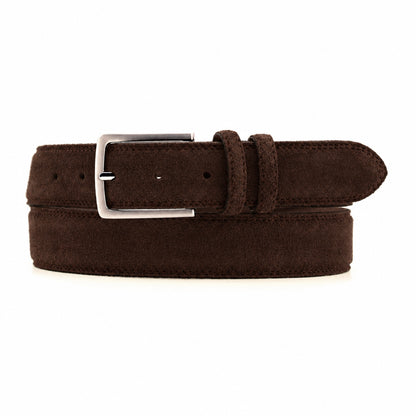Dark brown suede belt with a silver buckle on a white background