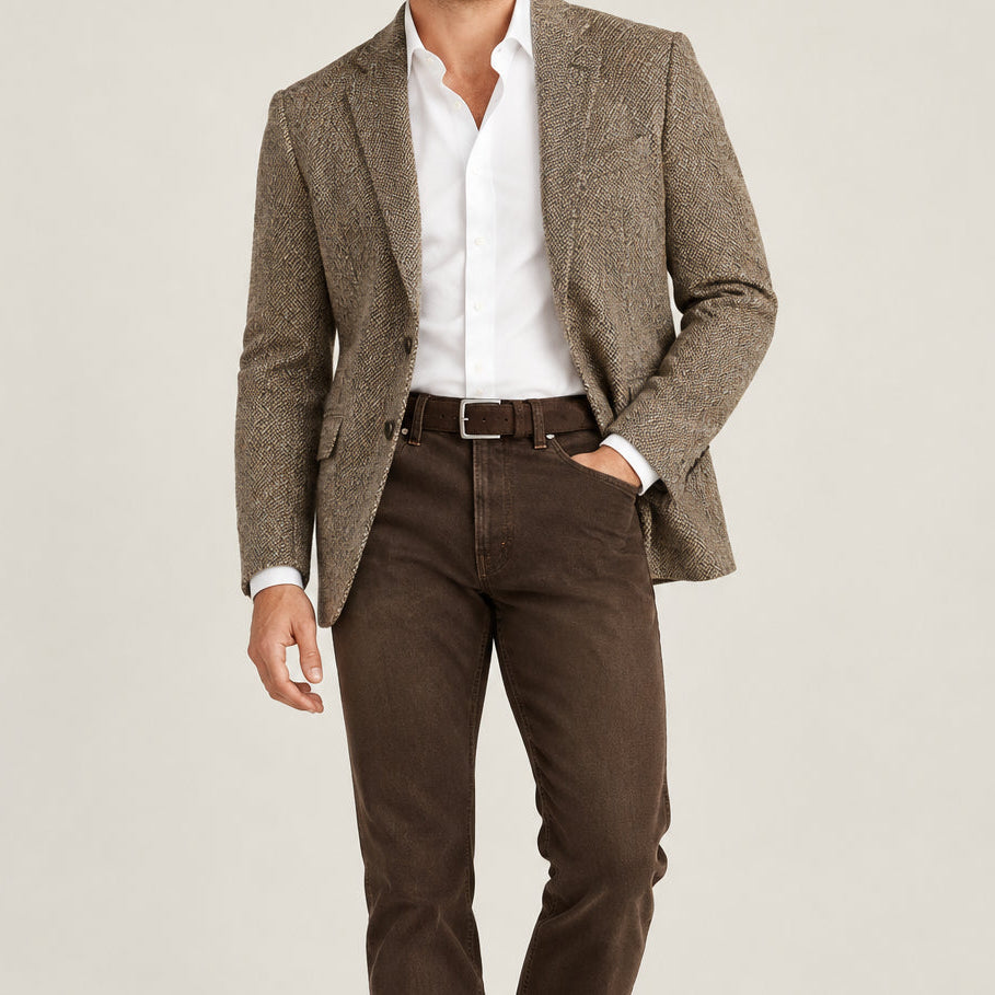 A man wearing a tweed blazer, a white shirt, brown jeans and  dark brown suede belt with a silver buckle.