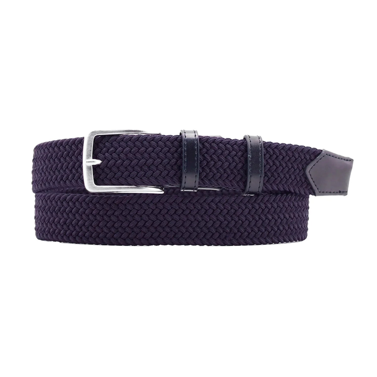 A navy braided  belt with a silver-tone metal buckle and navy leather accents, coiled on a white background.