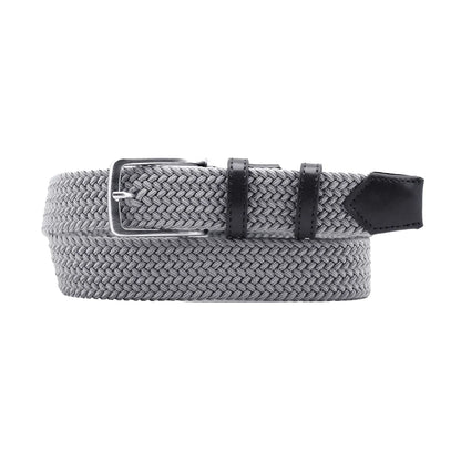 A gray braided woven belt with a silver metal buckle and black leather accents, coiled on a plain white background.