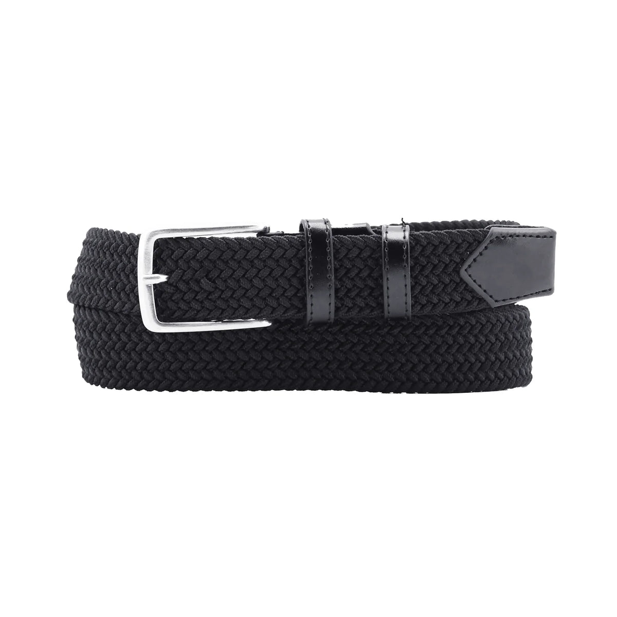 A black braided belt with a polished silver-tone metal buckle and black leather keeper loops, displayed on a clean white background.