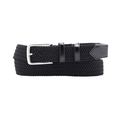 A black braided belt with a polished silver-tone metal buckle and black leather keeper loops, displayed on a clean white background.