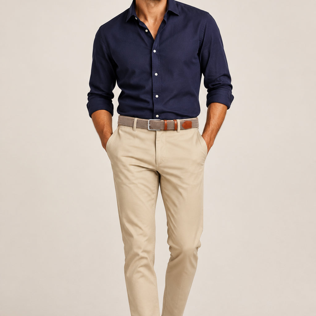 A man wearing a pair of beige chinos, a navy shirt and a taupe woven belt with tan edging and a satin silver buckle.