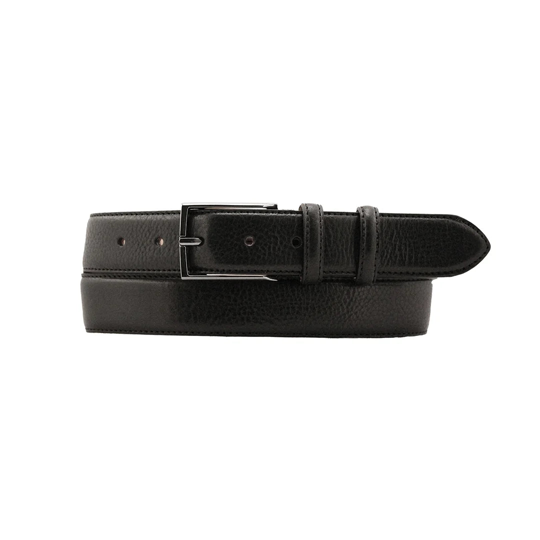 A men's black grainy leather belt with a satin silver buckle.