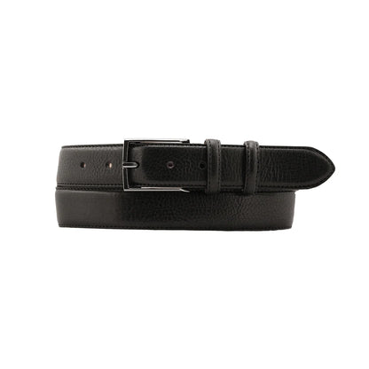 A men's black grainy leather belt with a satin silver buckle.