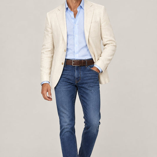 Un homme en jean bleu, chemise bleu clair, veste en lin et ceinture en cuir grainé marron foncé à boucle argent satiné.