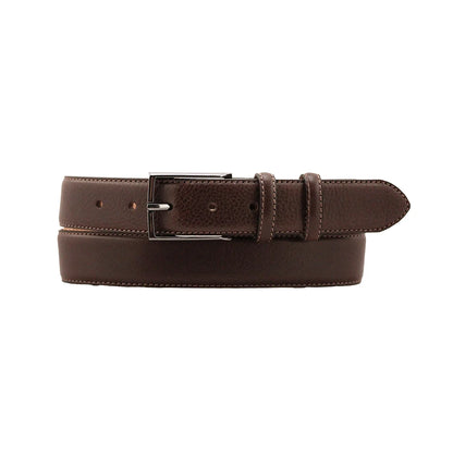 A dark brown pebbled leather men's belt on a white background.