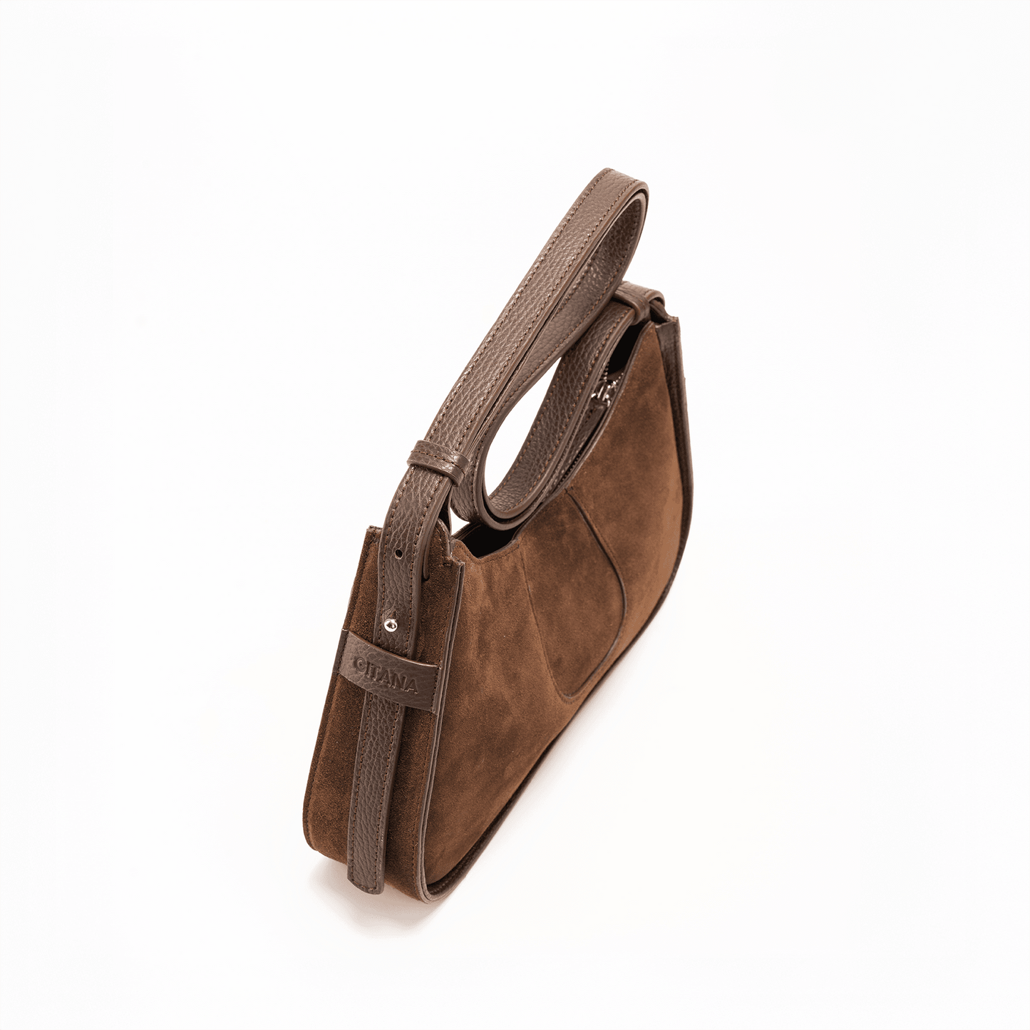 Brown Italian Suede Leather Handbag with a Strap Coiled on Top.