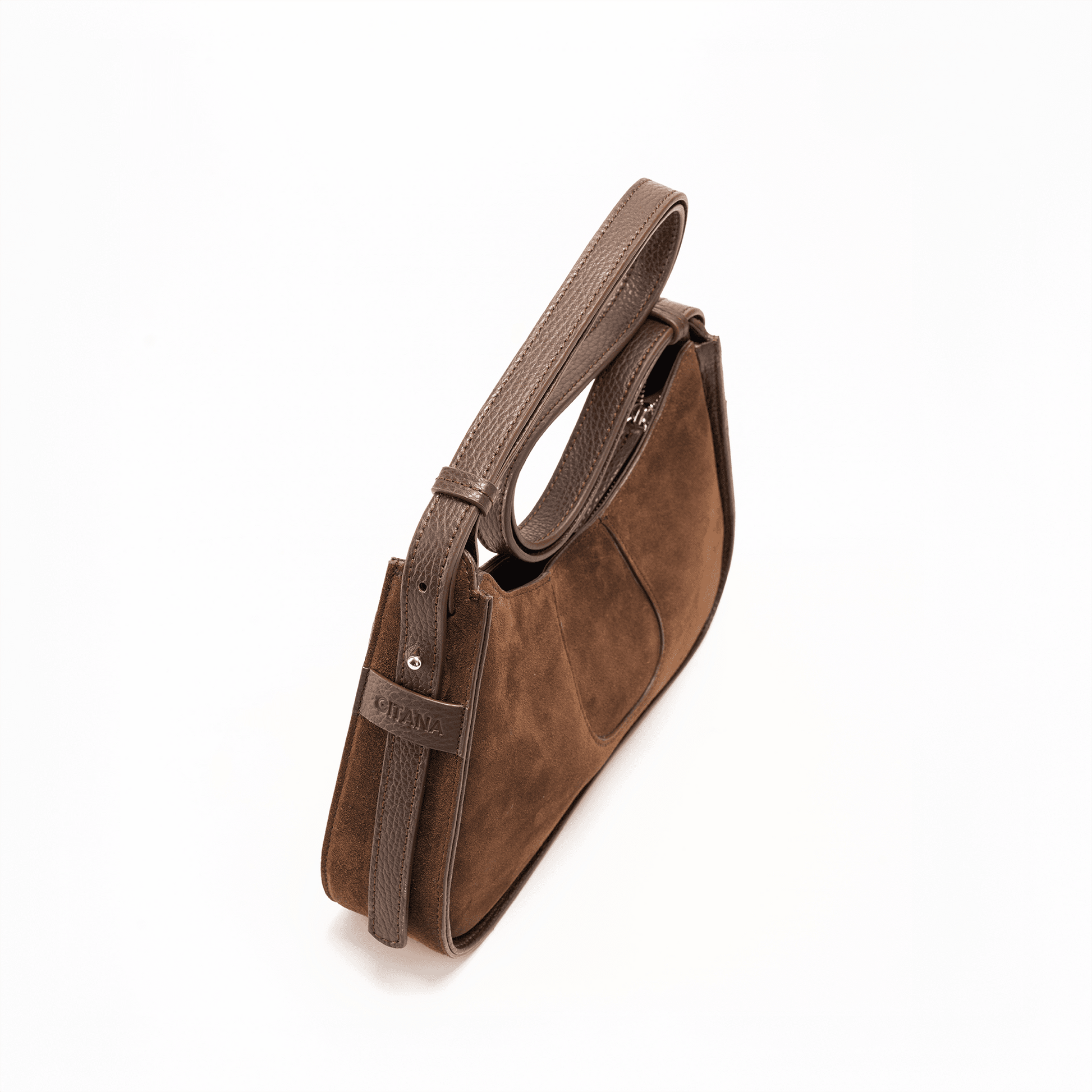 Brown Italian Suede Leather Handbag with a Strap Coiled on Top.