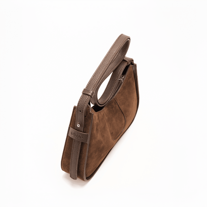 Brown Italian Suede Leather Handbag with a Strap Coiled on Top.