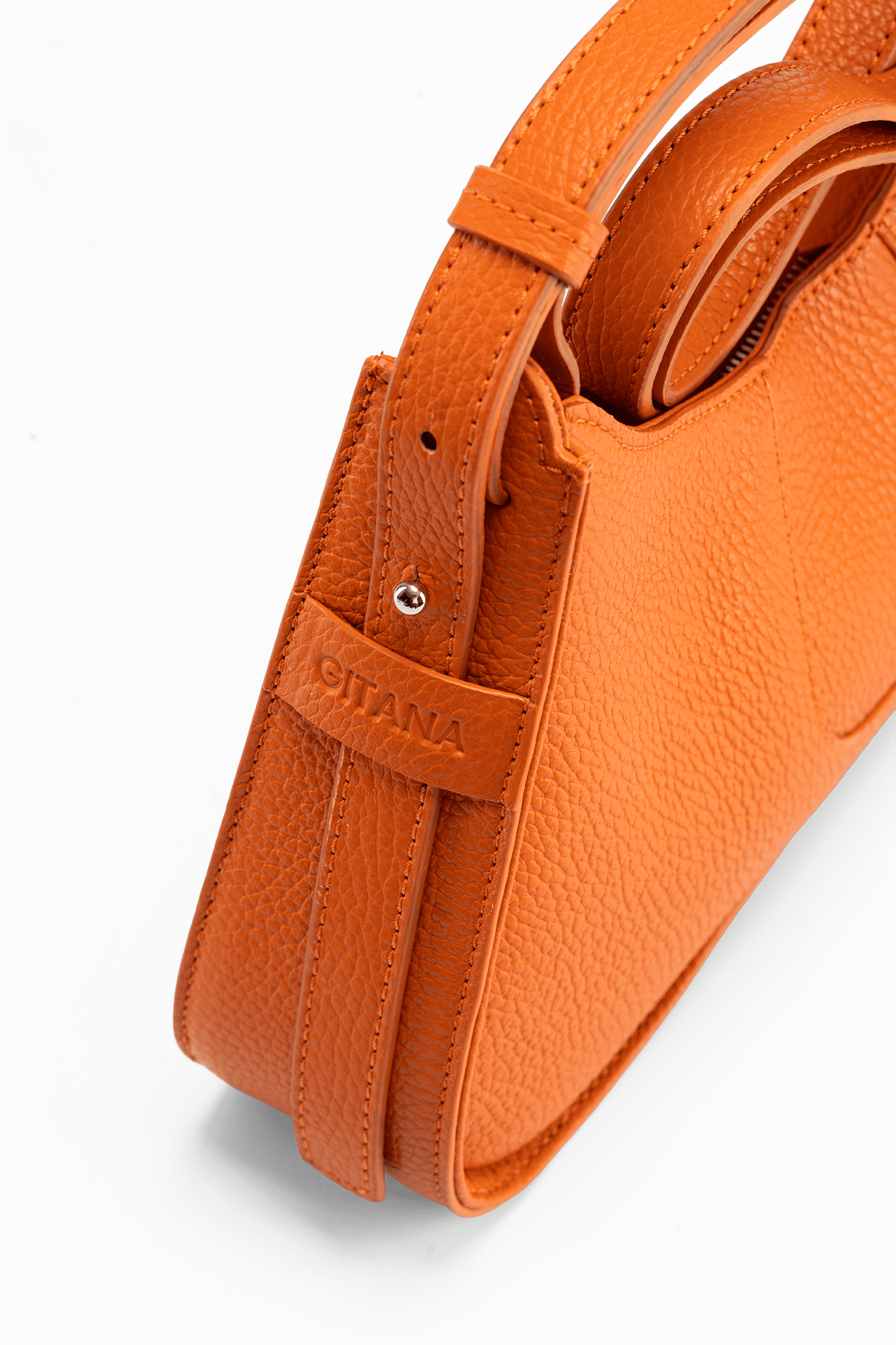 Aria Shoulder Bag in Orange Italian Pebble Leather  - Zip Side Strap Detail
