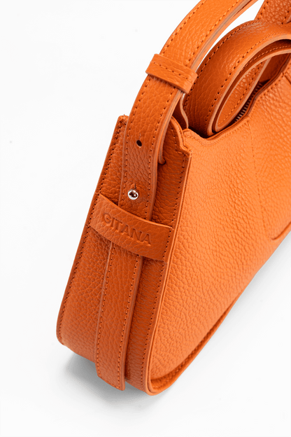 Aria Shoulder Bag in Orange Italian Pebble Leather  - Zip Side Strap Detail