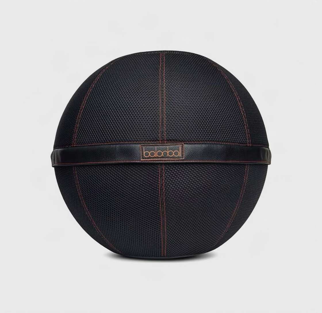 Balanball 65cm in Onyx Black — textured fabric cover with leather band detail, front view