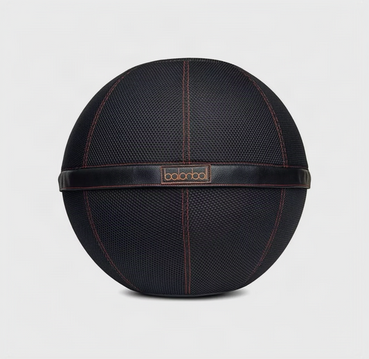 Balanball 65cm in Onyx Black — textured fabric cover with leather band detail, front view