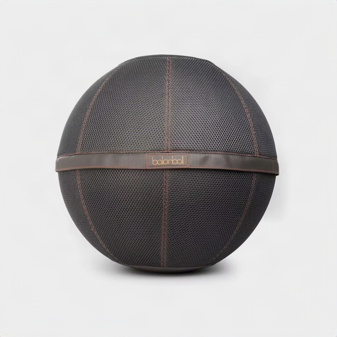 Balanball 65cm in Granite — dark brown textured fabric cover with leather band, front view