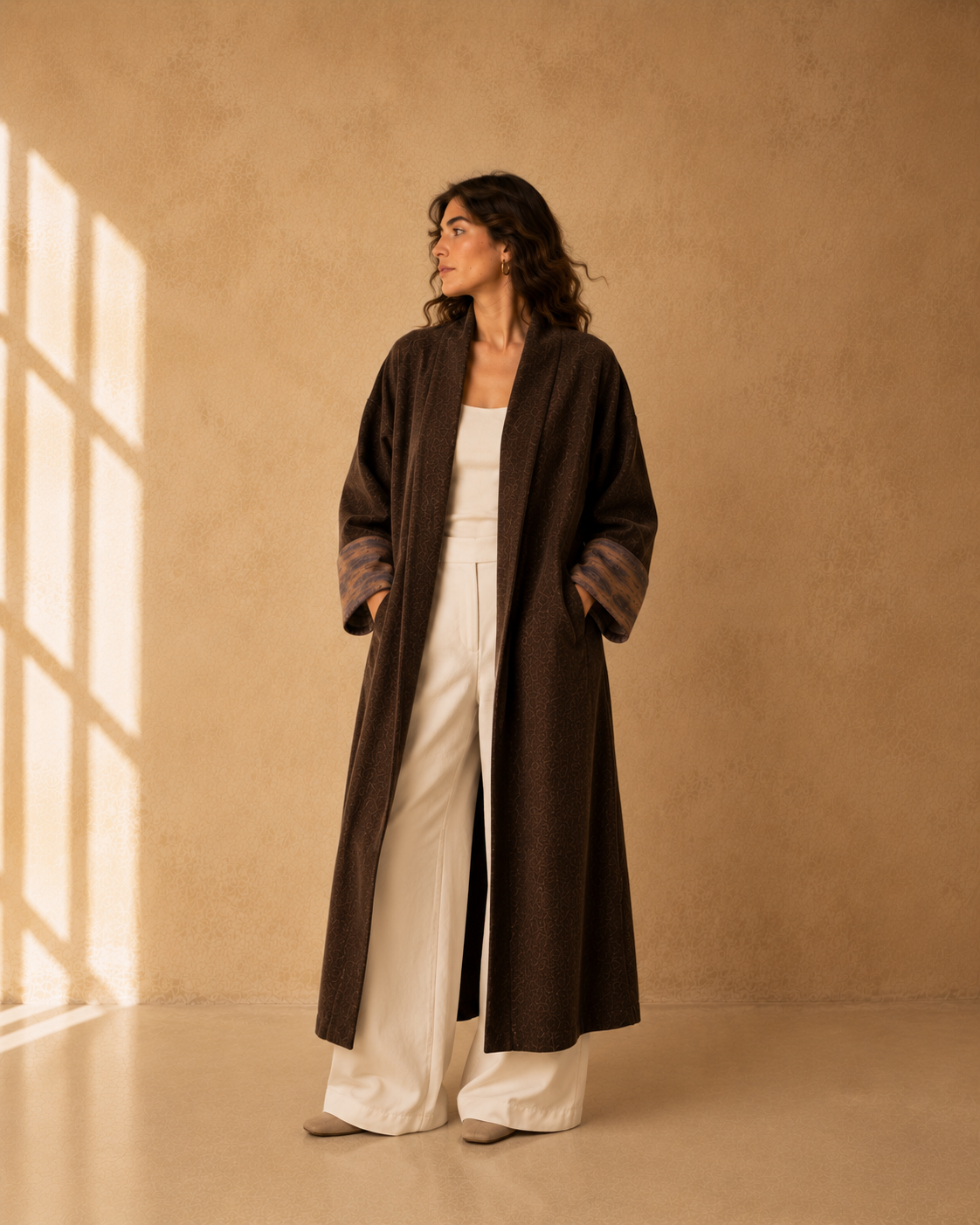 Nuno Milano brown felted Merino wool robe coat, front view, with contrasting bronze-brown abstract-print pockets and cuffs, shawl collar