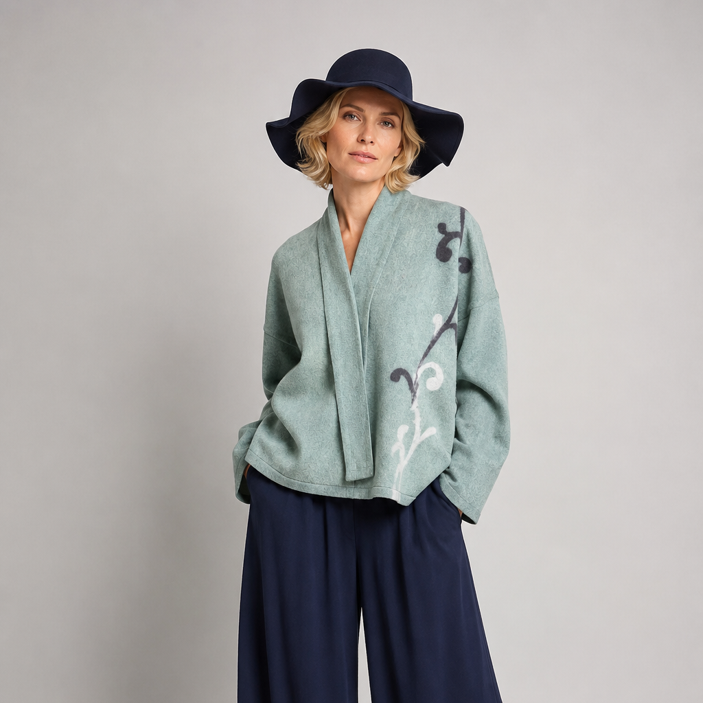 Nuno Milano Lightweight Sage Green Arabesque Kimono Jacket, front view, with hand-felted charcoal and white Arabesque motif, open front, styled with navy wide-leg trousers and navy floppy hat