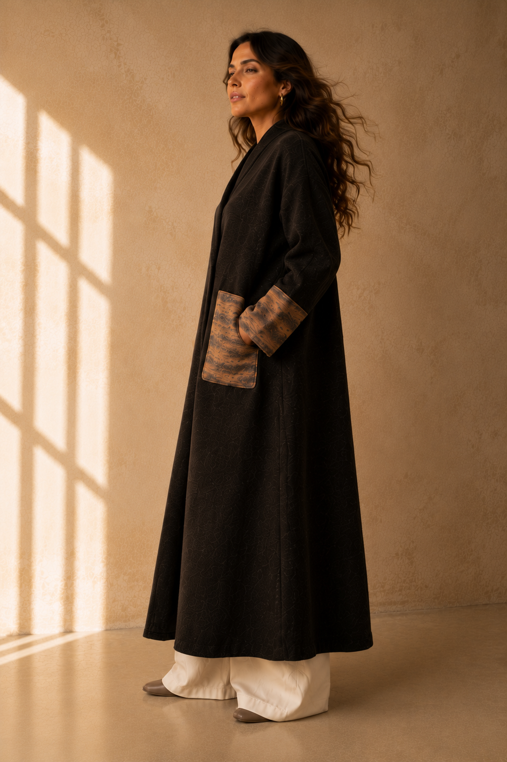 Nuno Milano brown felted Merino wool robe coat, side view, showing contrasting bronze-brown abstract-print pocket and turned-back cuff detail